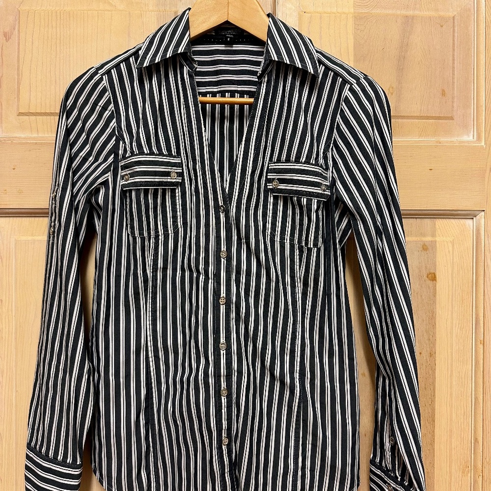 Dark grey and white striped button-up shirt